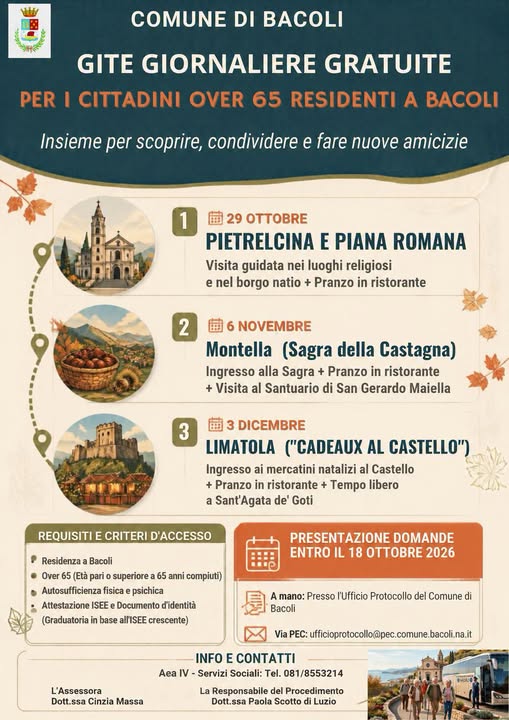 Partecipazione gratuita alle gite giornaliere 2026 riservate agli anziani over 65 autosufficienti residenti a Bacoli